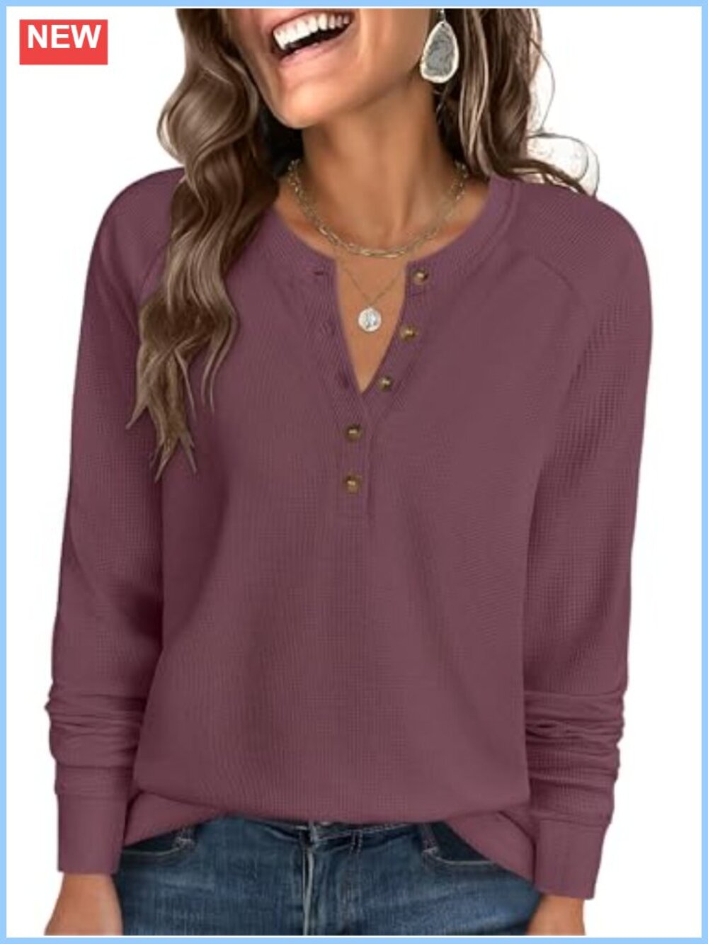 Waffle Knit Henley Top Long Sleeve Loose Fit Button Up Shirt